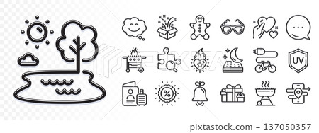 Holiday presents, Discount and Bell line icons for web app. Glare of light effect. Message icon. Pack of Grill, Search puzzle, Smile chat pictogram icons. Vector 137050357