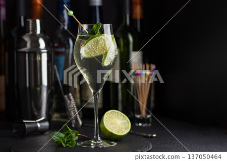 Elegant cocktail Martini Royale garnished with lime slices and fresh mint leaves against a refined bar background with cocktail tools 137050464