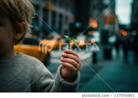 Child holding small green sprout in urban city street 137050861