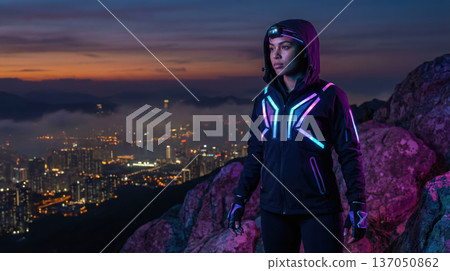 Woman in futuristic neon jacket standing on mountain overlooking city 137050862