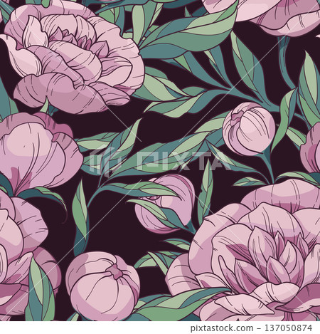 seamless floral vector pattern with pink peonies. flowers and buds with green leaves on a dark background. seamless floral vector pattern with pink peonies. flowers and buds with green leaves on a dark background. 137050874