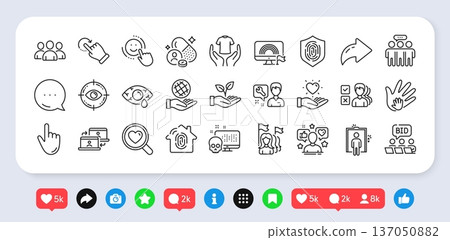 Repairman, Fingerprint access and Online auction line icons pack. Social media: share, comment, like icons. Outsource work, Conjunctivitis eye, Lgbt web icon. Vector 137050882