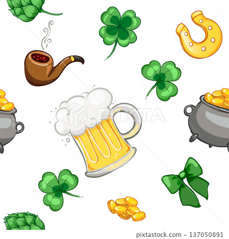 Seamless pattern with beer mugs and clover leaves, golden horseshoe. for beer halls, for st. patricks day Seamless pattern with beer mugs and clover leaves, golden horseshoe. for beer halls, for st. patricks day 137050891