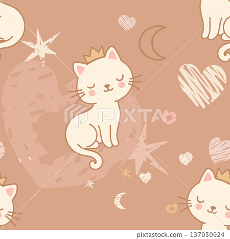 Seamless Pattern of Cute Princess Cat Wearing Crown with pastel-colored hearts, stars, moons, on beige Background Seamless Pattern of Cute Princess Cat Wearing Crown with pastel-colored hearts, stars, moons, on beige Background 137050924