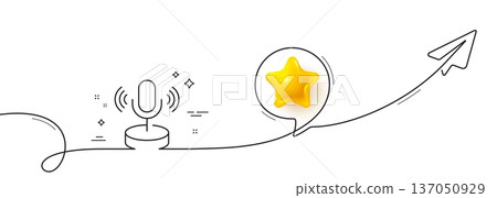 Microphone line icon. Continuous line with share plane. Podcast mic sign. Radio interview symbol. 3d star in speech bubble. Microphone single line ribbon. Loop curve pattern. Vector 137050929