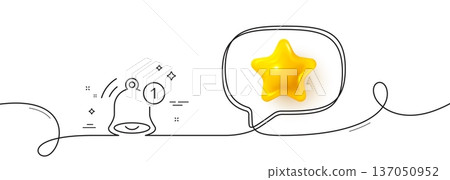 Reminder line icon. Continuous line with 3d star. Notice bell sign. Notification message symbol. 3d star in speech bubble. Reminder single line ribbon. Loop curve pattern. Vector 137050952