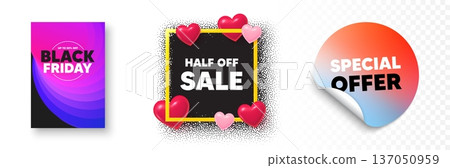 Half off sale photo frame 3d hearts. Special offer sticker banner. Half off sale. Special offer price sign. Advertising discounts symbol. Black friday poster. Promo background. Vector 137050959