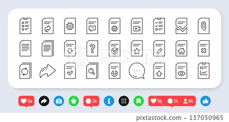 Document Management line icons. Social media: share, comment, like icons. Set of Checklist, Report and Copy icons. Download file, Remove and Attach clip symbols. Vector Document Management line icons. Social media: share, comment, like icons. Set of Checklist, Report and Copy icons. Download file, Remove and Attach clip symbols. Vector 137050965