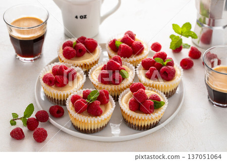 Mini cheesecakes topped with fresh raspberries on a serving plate Mini cheesecakes topped with fresh raspberries on a serving plate 137051064