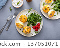 Egg bites with bacon and cheddar cheese, healthy breakfast meal prep idea 137051071