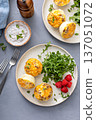Egg bites with bacon and cheddar cheese, healthy breakfast meal prep idea 137051072