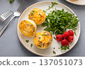 Egg bites with bacon and cheddar cheese, healthy breakfast meal prep idea 137051073