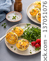Egg bites with bacon and cheddar cheese, healthy breakfast meal prep idea 137051076