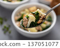 Healthy bean and turkey soup or stew with kale and cauliflower 137051077