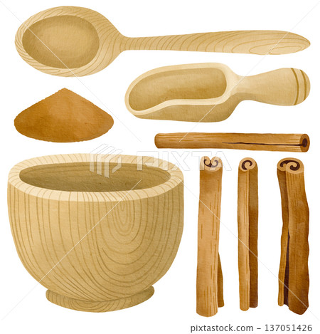 Hand-drawn watercolor cinnamon sticks and powder, wooden bowl and spice spoon illustrations for packaging, ingredients or branding 137051426