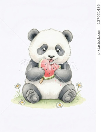 Cute baby panda sitting on green grass eating a watermelon slice popsicle Cute baby panda sitting on green grass eating a watermelon slice popsicle 137051486