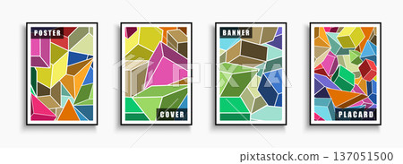 Collection of vector colorful artwork posters with mosaic abstract geometric shapes. Creative covers in modern art fashion style. Bright trendy placards, brochures, banners, backgrounds 137051500
