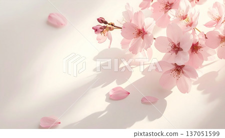 一張春日背景圖片，留有優美的文字空間，柔和的陽光灑在白色背景上，櫻花枝條投下斑駁的光影。 137051599