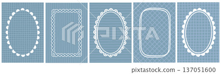 Fun Scallop Frame Set with Retro Blue Background. Cute oval and rectangle shaped borders. 137051600