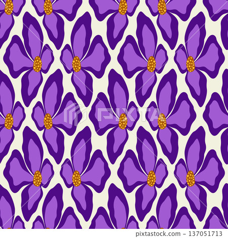 Magic purple flowers on beige background. Floral seamless pattern. Fantasy grid ornament. Abstract clematis flowers design element. Magic purple flowers on beige background. Floral seamless pattern. Fantasy grid ornament. Abstract clematis flowers design element. 137051713