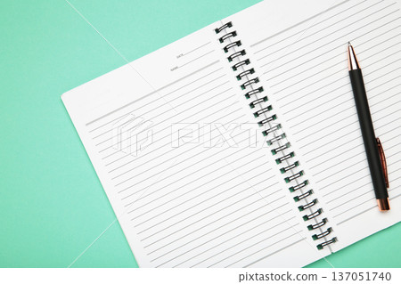 Open notepad and pen on mint background. Space for writing. Open notepad and pen on mint background. Space for writing. 137051740