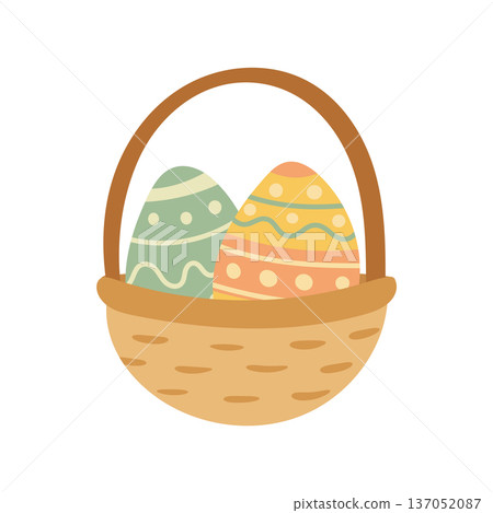 Rustic wicker basket filled with pastel eggs, charming Easter illustration for greeting cards, party decor, family celebration posts and printable art 137052087