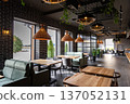 Modern restaurant interior with wooden tables and cozy seating near panoramic windows 137052131