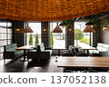 Modern restaurant interior with wooden tables and cozy seating near panoramic windows 137052138
