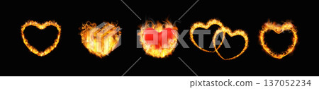 Fire burning heart shapes on black, flaming love symbol frames, realistic fiery hearts with tongues of flame vector set 137052234