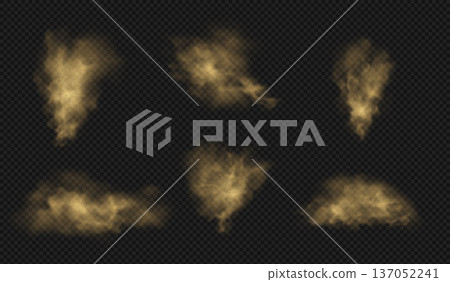 Dust brown powder cloud with flying sand particles, vector realistic sandy-smoke overlay texture transparent background Dust brown powder cloud with flying sand particles, vector realistic sandy-smoke overlay texture transparent background 137052241