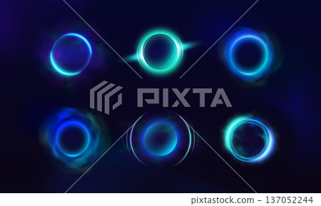 Sphere with blue neon halo effect, glowing rings with luminous smoke aura and rays on dark background vector design Sphere with blue neon halo effect, glowing rings with luminous smoke aura and rays on dark background vector design 137052244
