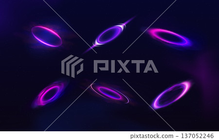 Purple neon halo with smoke, glowing ring with luminous on dark background, magic energy haze vortex portal vector set 137052246