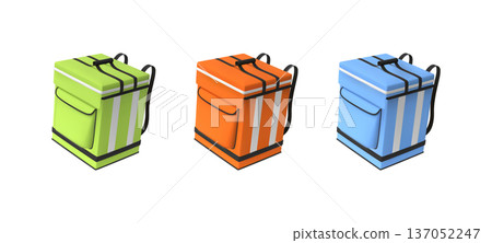 3D courier delivery backpack vector set, realistic thermal box container refrigerator for food grocery product shipping 137052247