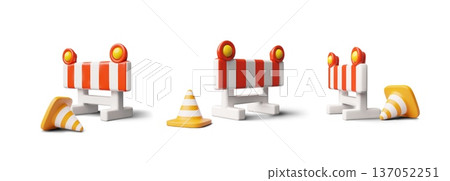 Road traffic barrier and traffic cone 3D vector set, emergency orange striped temporary fence, lamps, road caution sign 137052251