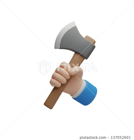 3D Cartoon Character Hand Holding a Wooden Hatchet Axe 137052601