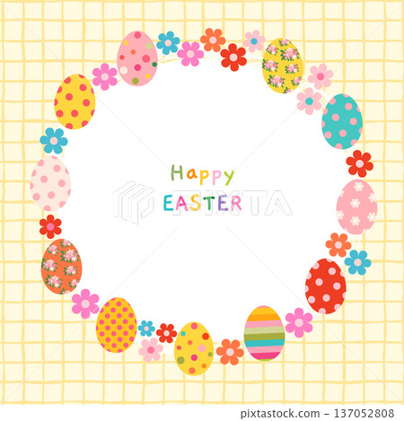 Cute Easter eggs and flower colorful vector frame, floral wreath with painted eggs for spring banners and greeting cards Cute Easter eggs and flower colorful vector frame, floral wreath with painted eggs for spring banners and greeting cards 137052808