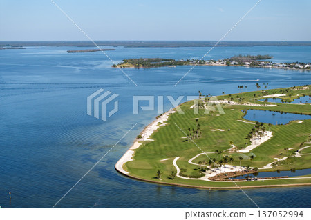 Aerial view of large golf course with green grass in Boca Grande in southwest Florida. Place for outdoor activities 137052994