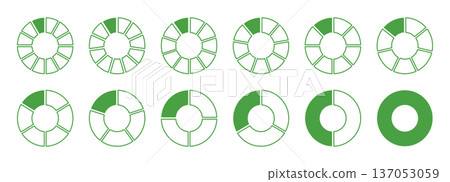 Wheel round green divided diagrams from one to twelve segments. Circle division on 1 to 12 equal parts. Coaching blank flat template. Set of green segments wheel round divide infographics. Wheel round green divided diagrams from one to twelve segments. Circle division on 1 to 12 equal parts. Coaching blank flat template. Set of green segments wheel round divide infographics. 137053059