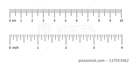 Ruler scale, measuring chart with 4 inches and 10 centimeters. Length measurement distance, height, math. Template of sewing tool 137053062