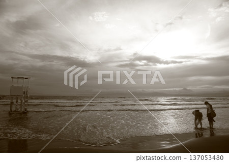 people walking on the beach at sunset 137053480