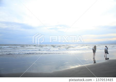 日落時人們在海灘上散步 日落時人們在海灘上散步 137053485