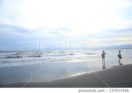 日落時人們在海灘上散步 日落時人們在海灘上散步 137053486