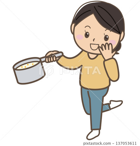 一位家庭主婦在烹飪時品嚐食物的插圖（表情成功、美味） 137053611