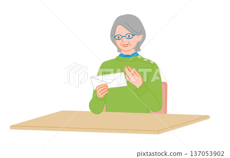 Illustration of a senior woman holding an envelope with a slightly relieved expression Illustration of a senior woman holding an envelope with a slightly relieved expression 137053902