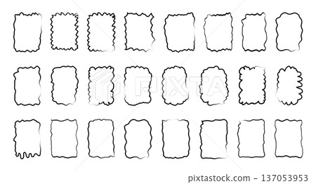 Set of monochrome black wavy frames. Mixed rectangle labels and soft borders for text highlights, title blocks minimal  137053953