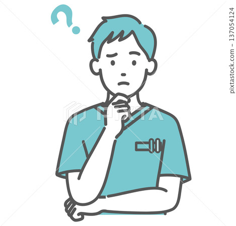 圖解：一位身穿手術服、神情憂慮/沉思的男性醫護人員（上身） 137054124