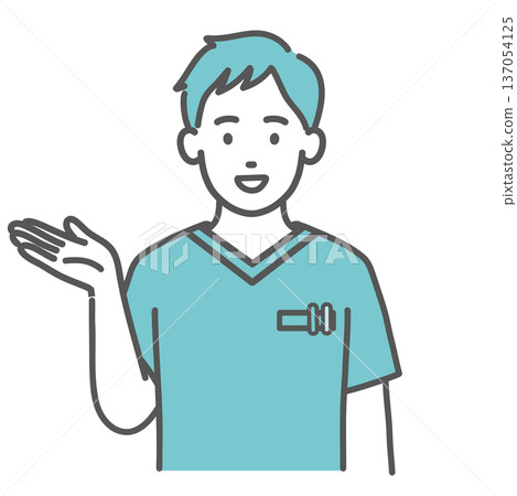 身穿手術服的男性醫護人員正在進行導覽講解（上半身） 137054125