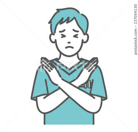 Illustration of a male medical worker in a scrub giving an NG sign (upper body) 137054130