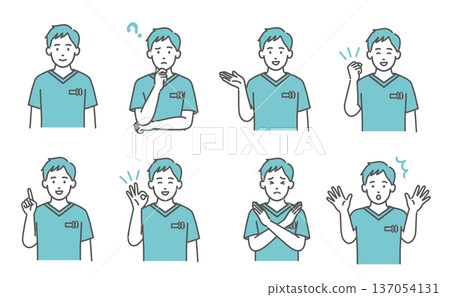 男性醫務人員身穿手術服的面部表情和姿勢插圖集(上半身,8 種類型) 男性醫務人員身穿手術服的面部表情和姿勢插圖集(上半身,8 種類型) 137054131