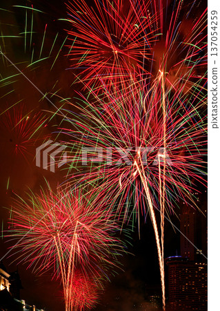 Colorful fireworks celebration and the city night light background. 137054259